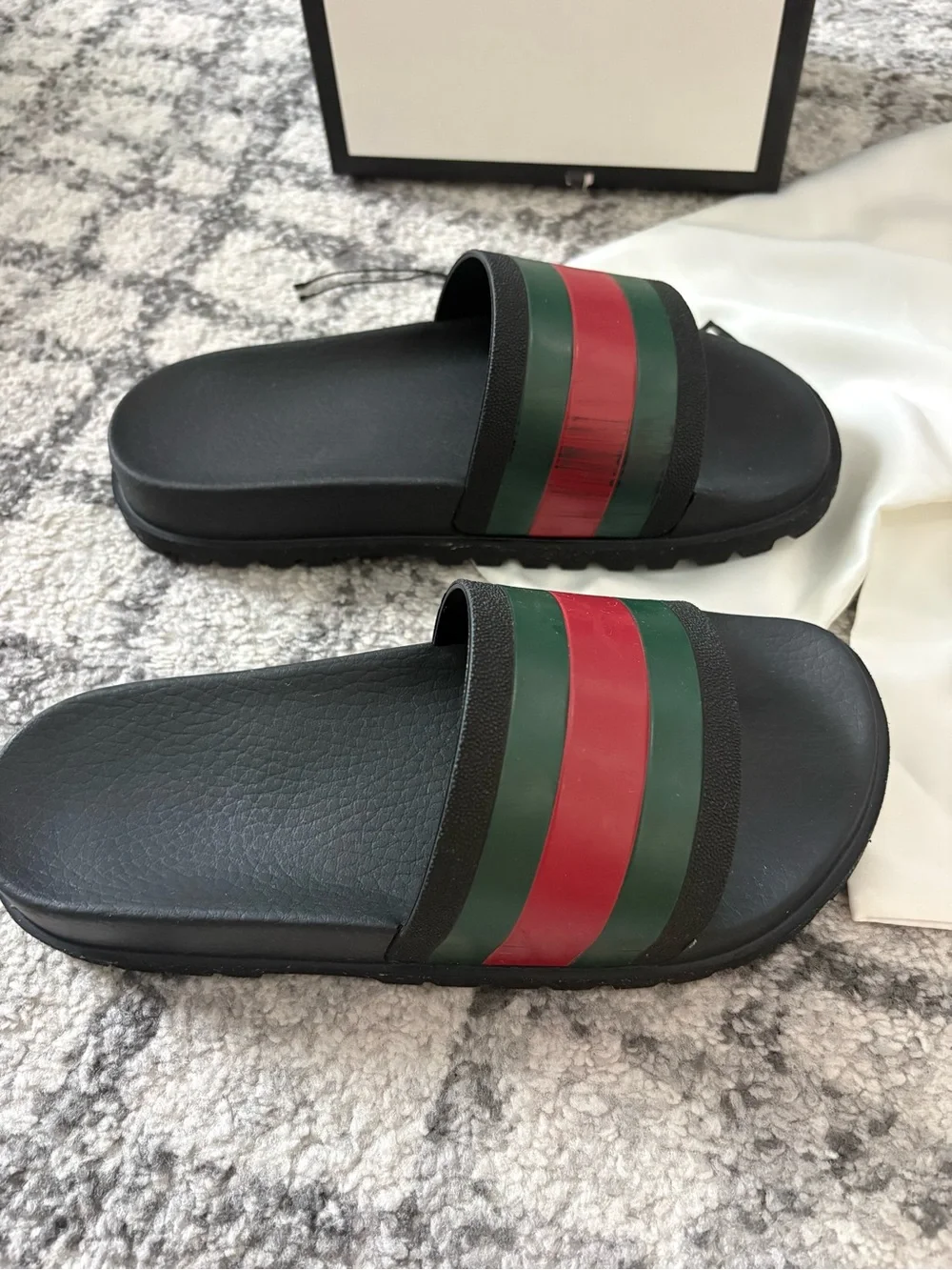 Gucci Black Slides with Green and Red Web Stripe